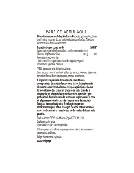 Vitamina K1 100 comprimidos de 100μg Solgar